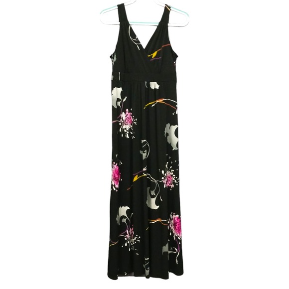 Apt. 9 Maxi Dress Womens Medium Smocked V-Neck Halter Black Floral - Picture 1 of 10